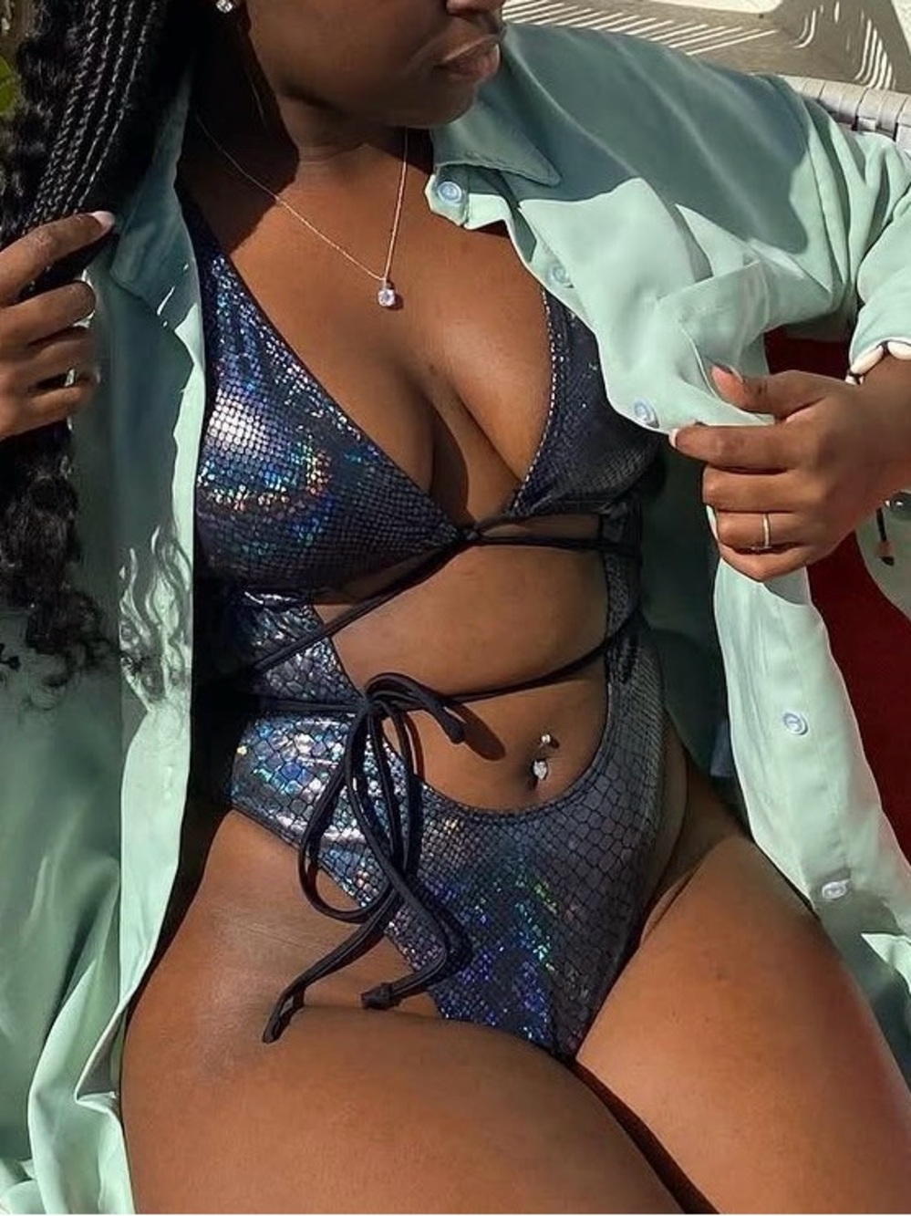 Holographic Snake-Print One-Piece Swimsuit in Iridescent Black